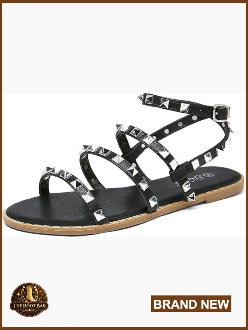 Studded Gladiator Flat Sandals with Ankle Strap, Cushioned Footbed